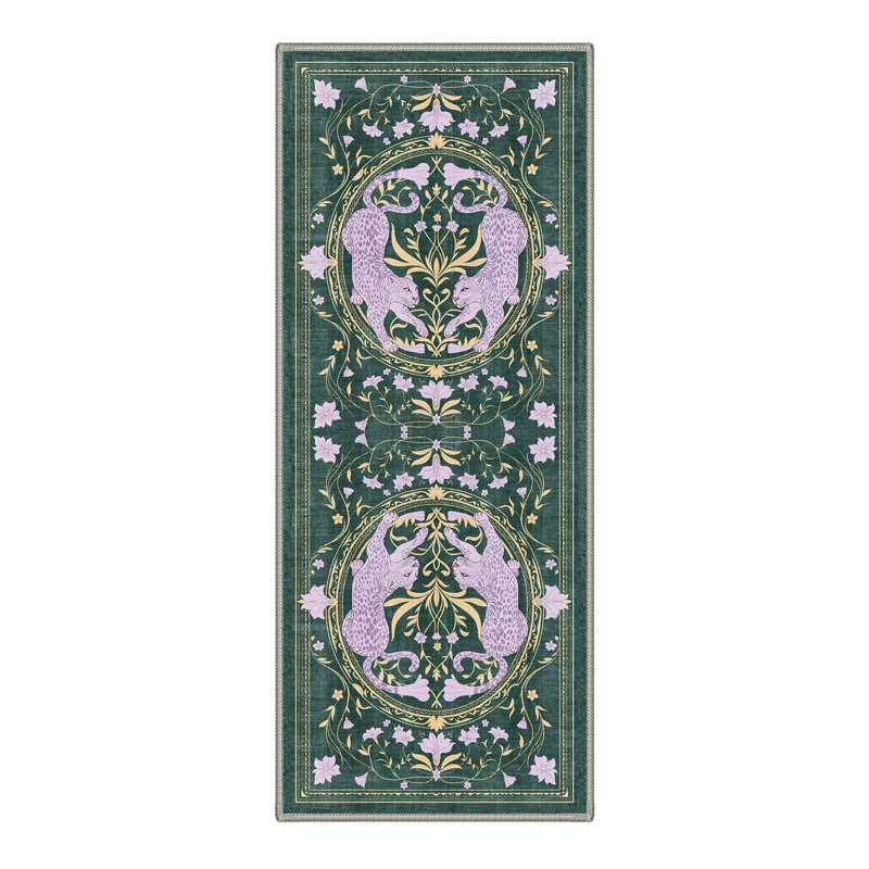 Violeta Animal Print Machine Washable Purple / Green Indoor Area Rug with Non-Slip Backing, Runner 2' x 6'
