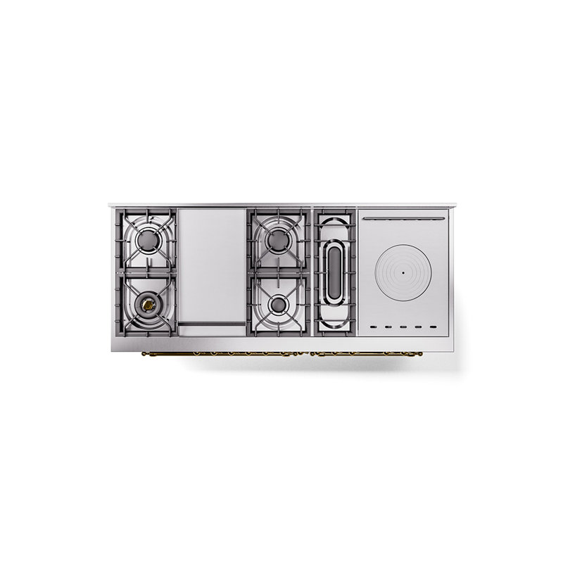 ILVE Nostalgie II 60 Dual Fuel Range, 5 Burners, Griddle, Frenchtop , Stainless Steel/Brass, Natural Gas