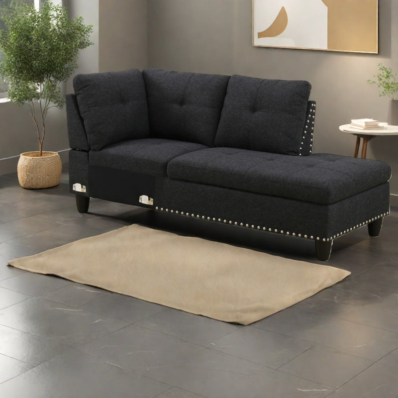 Modern Sectionals, 4-Seater Linen Sofa with Cup Holder Tray, Small Living Room