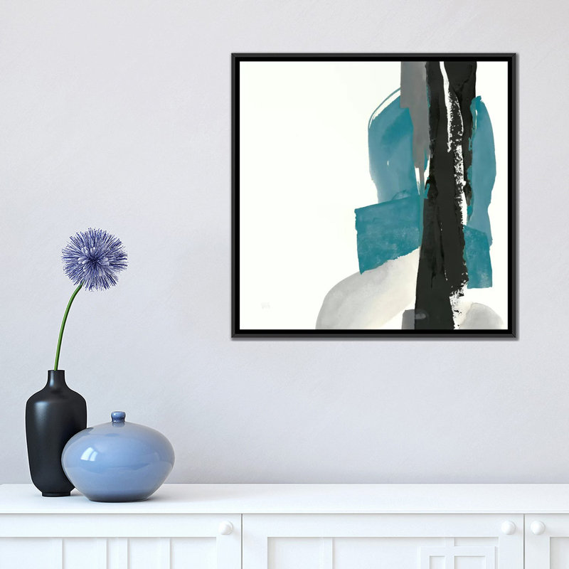 " Black And Teal I ", 18" H x 18" W x 1.5" D, Black Framed Canvas, No Mat