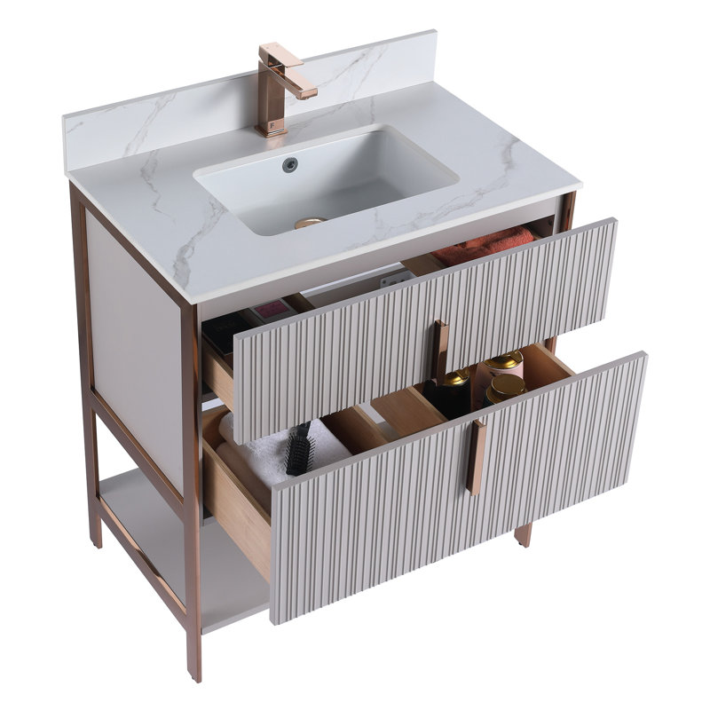 Meuble-lavabo moderne avec plateau en pierre de Carrare Fine Fine Fixtures Serenity, Taupe vif / or rose, 30"