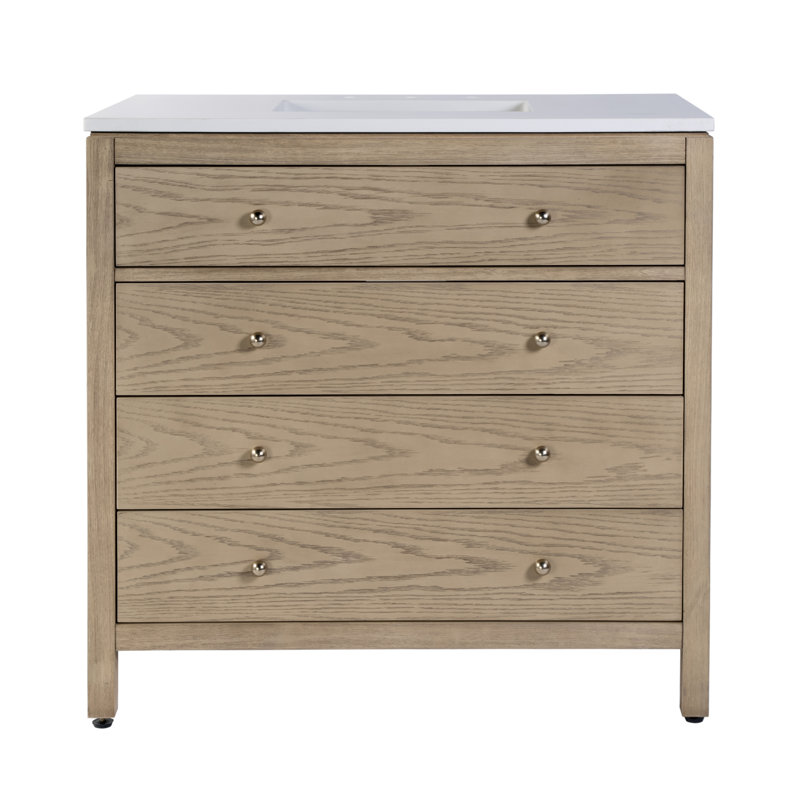 Nora 36 in W Quartz Top Single Sink Bathroom Vanity Set, Light Oak