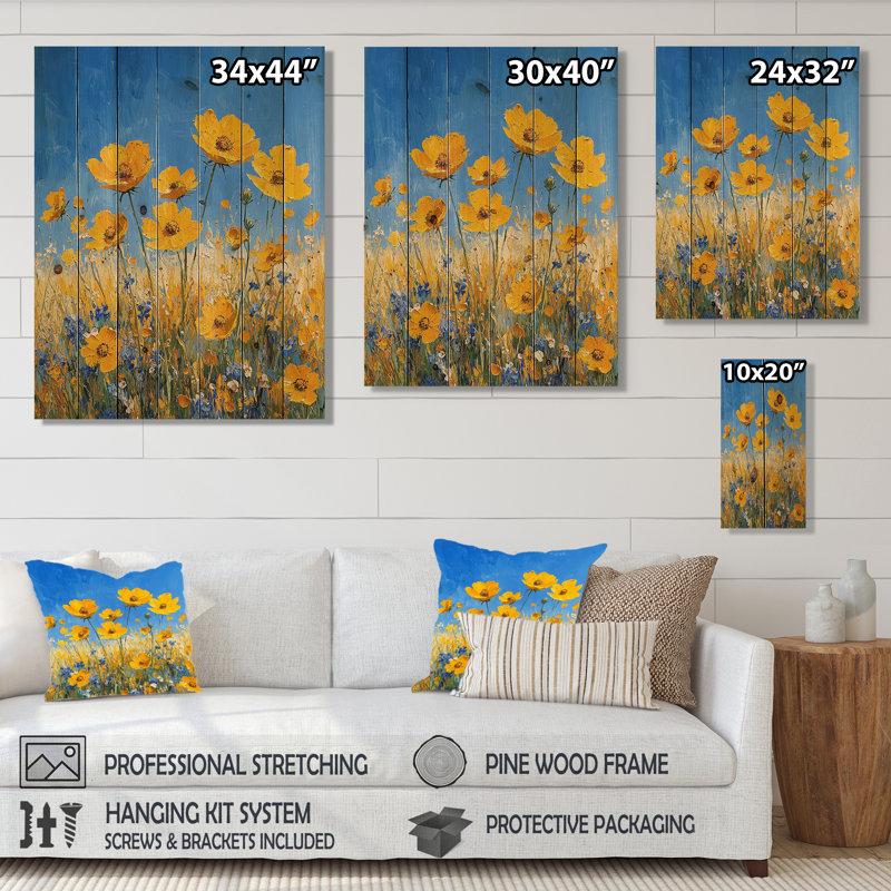 Yellow Daylight Joy Wildflowers IV - Wildflowers Wood Print - On Natural Pine Wood, 40" H x 30" W x 0.78" D
