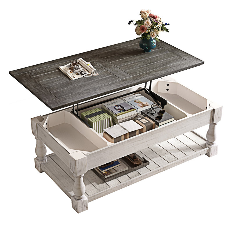 Table basse à plateau relevable avec tablette, Blanc ancien, Gris antique