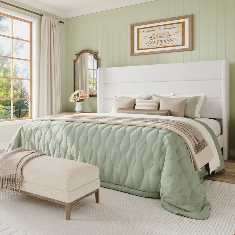 Chic Upholstered Platform Wingback Bed Frame No Box Spring Needed, White, Queen