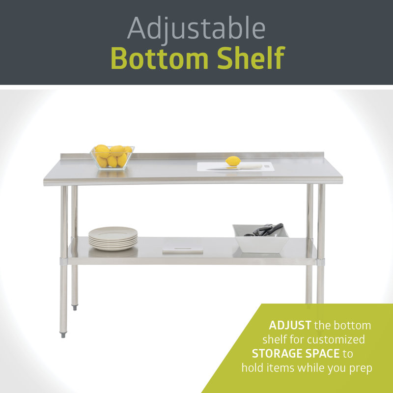 Stainless Steel Kitchen Prep/Work Table, with Adjustable Under Shelf and Backsplash, 60X24, 36" H x 60" W x 24" D