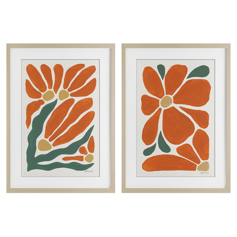 «Midcentury Flower Abstracts», ensemble de 2 reproductions encadrées sous verre, design par Yvette St. Amant