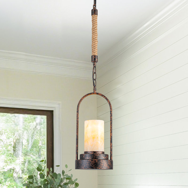 Vintage Industrial Pendant Light with Natural Alabaster Shade, U-Shaped Iron Frame with Hemp Rope Detail, Adjustable Height 34-98" for Sloped Ceilings - E26 Base, ETL Listed