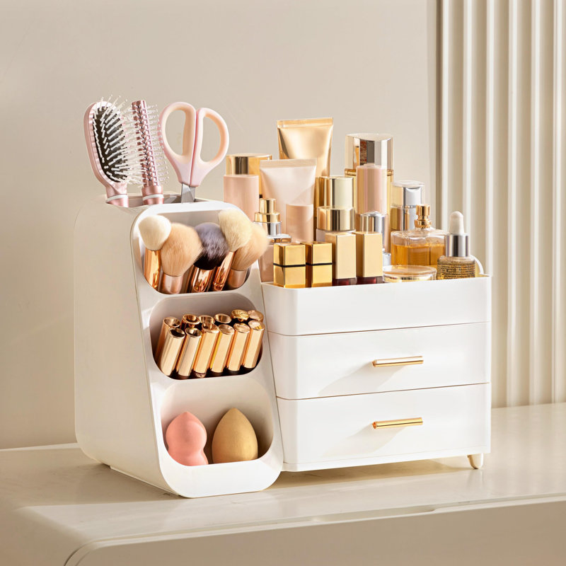 Organisateur de maquillage avec porte-pinceau (blanc), Blanc