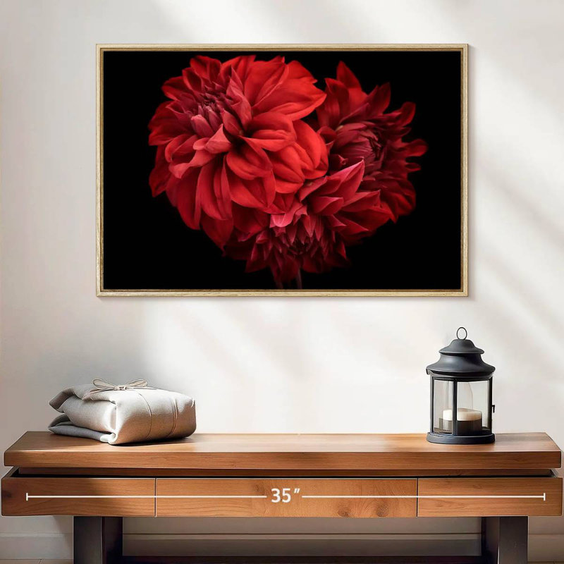 Dahlia rouge en fleurs, Cadre flottant en bois naturel, 25 po x 17 po