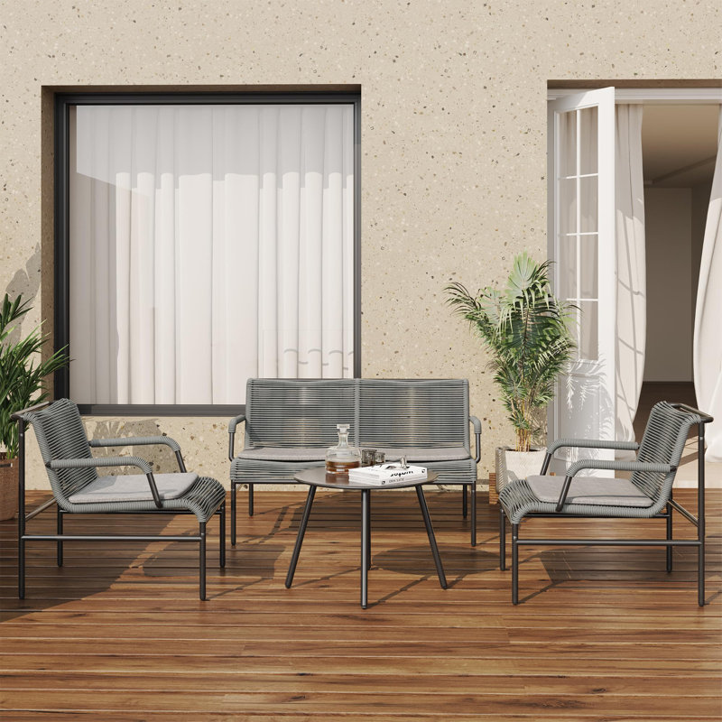 Ensemble de conversation d'extérieur 4 pièces avec chaises en rotin et osier PE et table basse, Gris