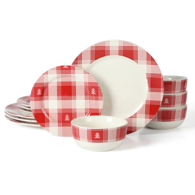 Martha Stewart Plaid 12 Piece Decorated Red And White Stoneware Dinnerware Set