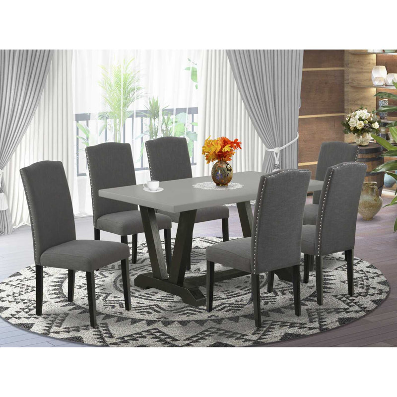 7-Pc Dining Room Set – 6 Dark Gotham Grey dining room chairs and a Cement Dining Room Table - Wire Brushed Black Finish