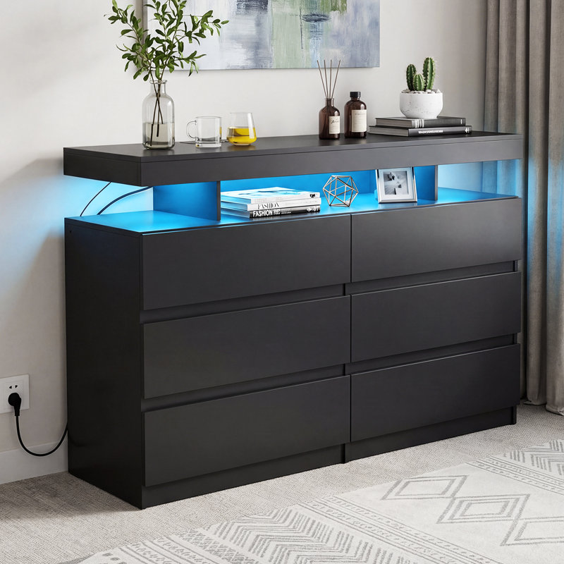 6 Drawer 47'' W Dresser With Power Outlet And APP Controlled LED Light, Black