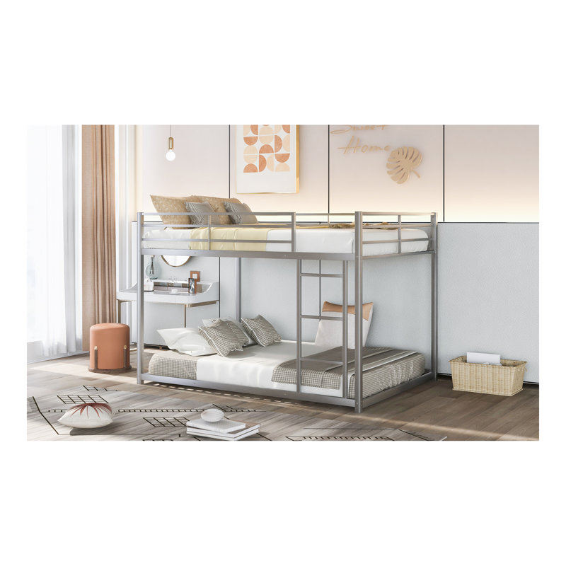 Full Over Full Metal Bunk Bed, Low Bunk Bed With Ladder, Silver