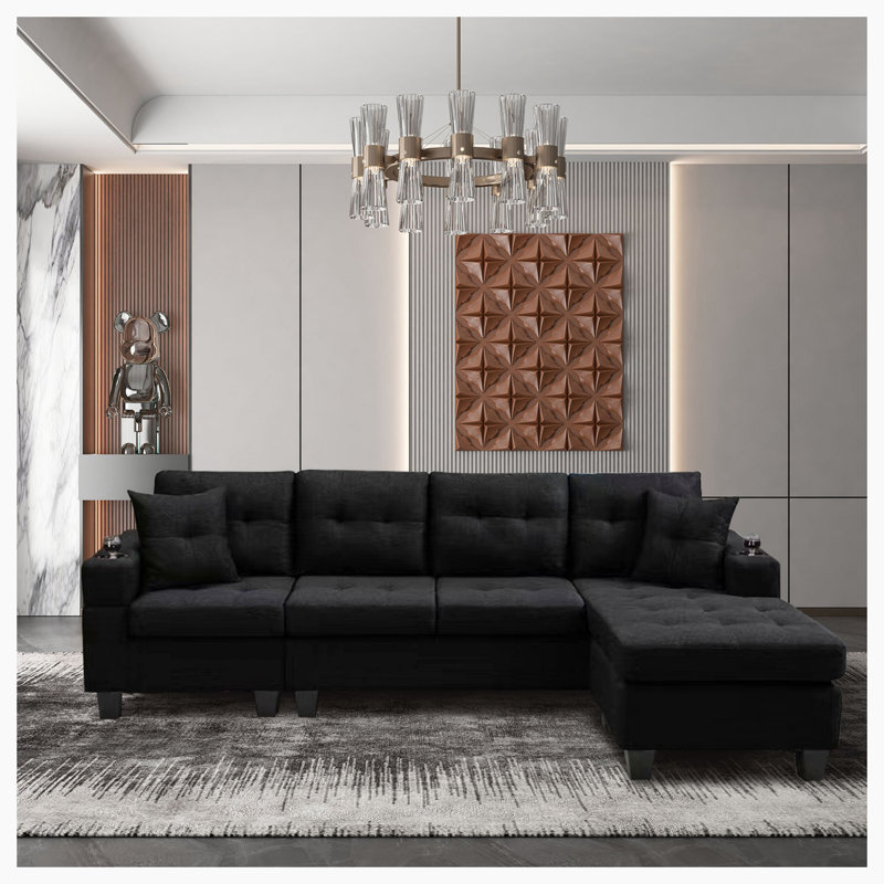 Calliandra Upholstered L-Shaped Sectional Left Hand Facing, Black Fabric,  Right Hand Facing