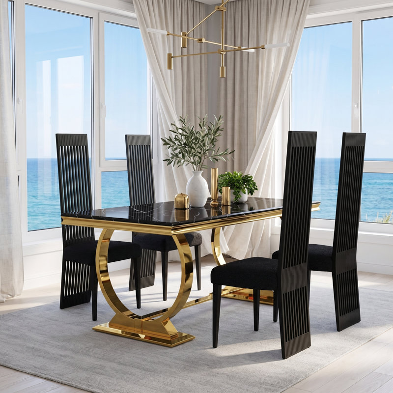 Ensemble de salle à manger 5 pièces noir et or 70 po avec 4 chaises bouclées entièrement noires, Black and Gold Table