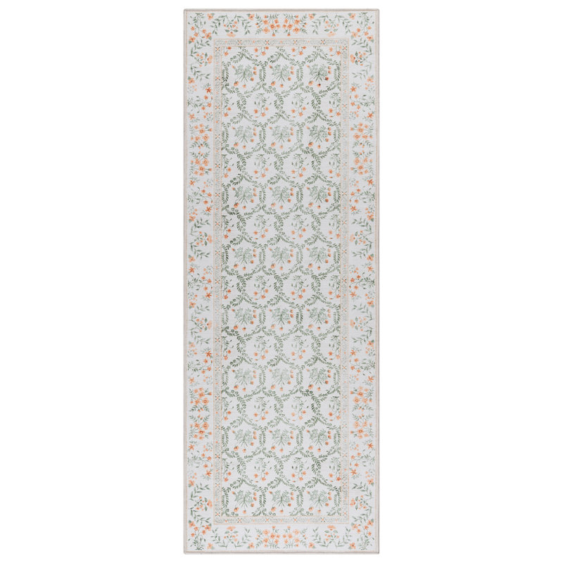 Rayna Vela Ivory Green Orange Machine Washable Transitional Leaf Floral Border Indoor Area Rug, Flat Pile for Living Room & Bedroom - Ivory, 2x6 Runner