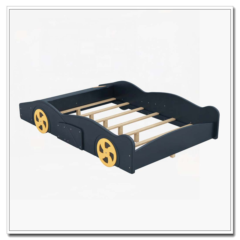 Lit plateforme avec roulettes et rangement Race, Lit double, Bleu foncé / Jaune