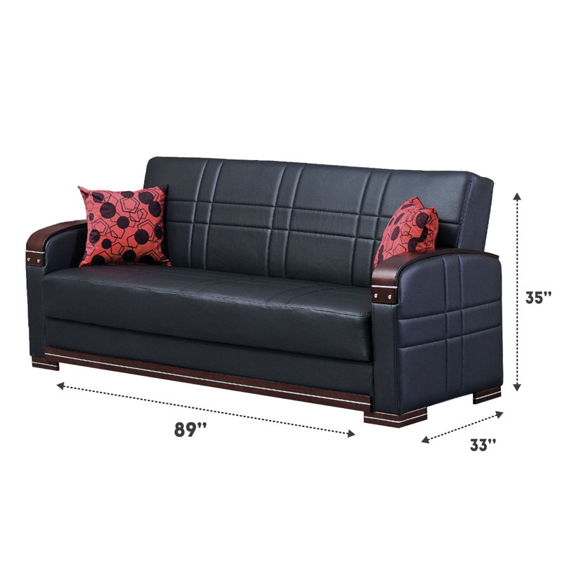 Zayac Twin 89'' Faux Leather Convertible Sofa, Black Faux Leather