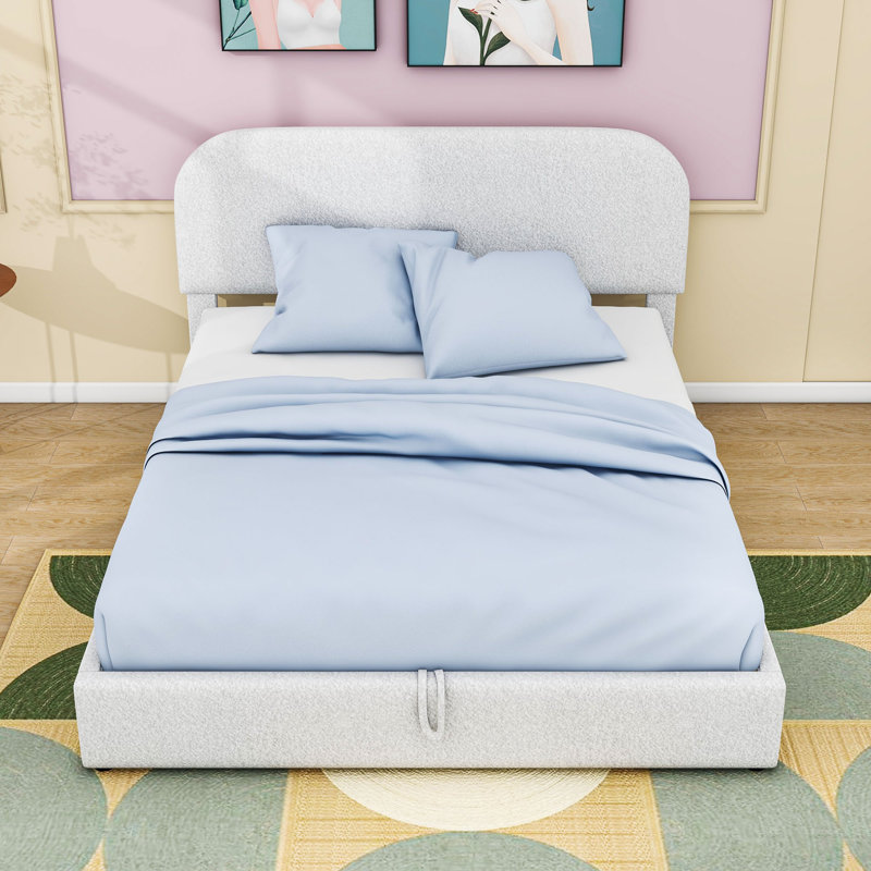 Upholstered Platform Bed with Hydraulic Storage, White, Queen
