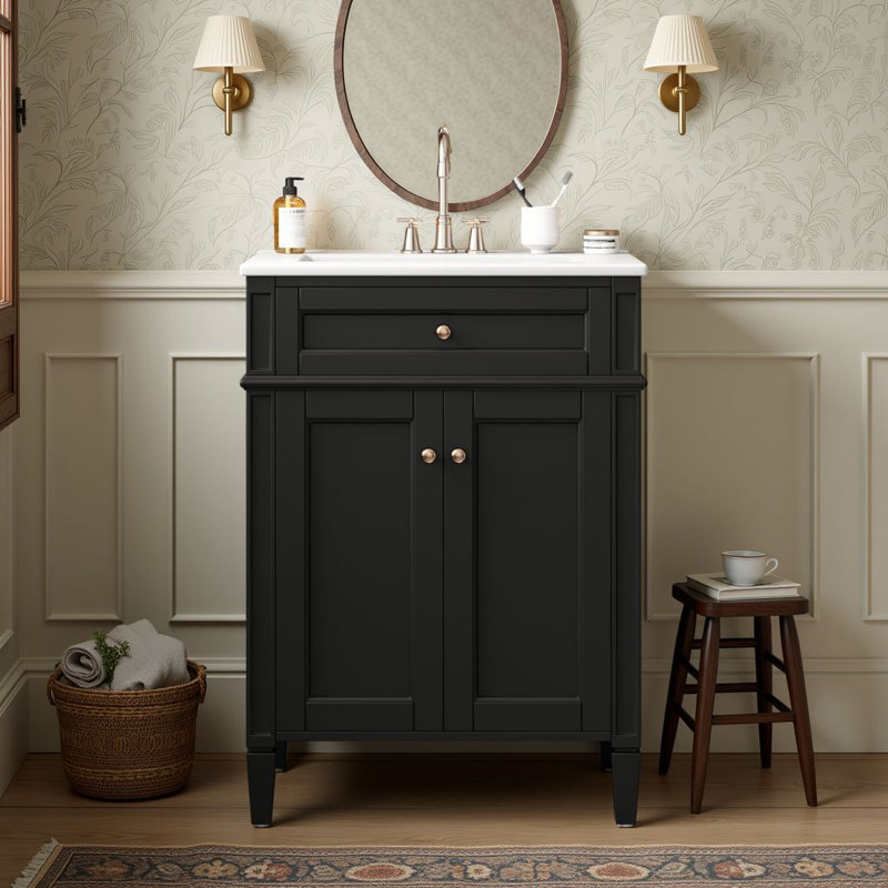 Meuble-lavabo autoportant blanc moderne 24 po avec lavabo en céramique, tiroir coulissant et 2 portes à fermeture en douceur avec rangement