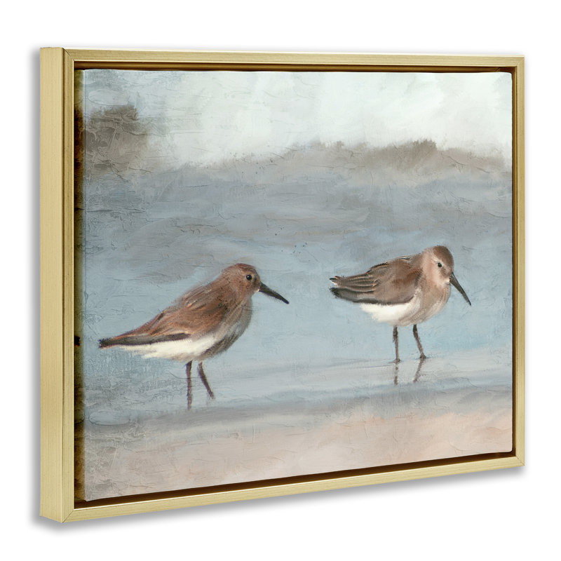 «Little Two Sandpiper pair Floater», art mural par Kim Allen, H 17 po x l 21 po, Cadre flottant métallique doré
