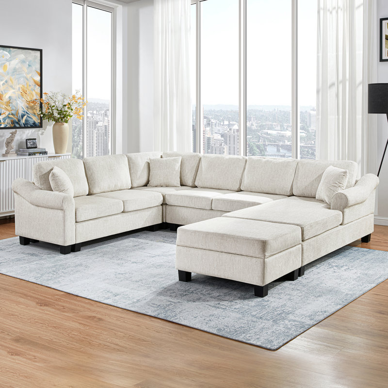 Canapé modulaire en chenille en U avec repose-pieds de rangement mobile pour espaces de vie modernes
