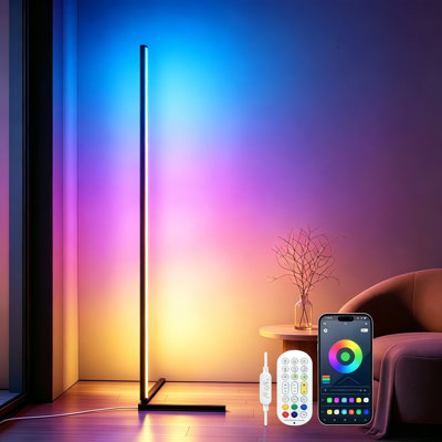 L Shape RGB Corner Floor Lamp, Bluetooth App & Remote & Button Control LED Ambient Corner Light, Music Sync Color Changing Standing Floor Lamp for Living Room, Bedroom, Gaming Room