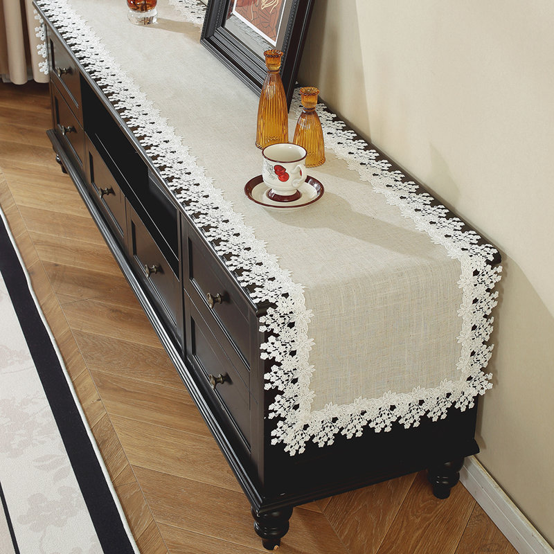 Beige Linen Blend Table Runner With Embroidery Lace Border, 87"L x 16"W