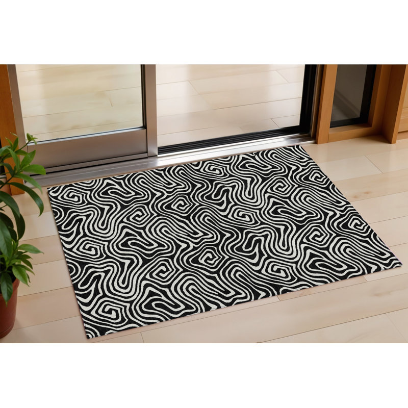 Tapis extérieur lavable abstrait noir et ivoire 3 pi x 5 pi