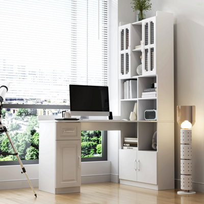 L-Shaped Corner Computer Desk  For Home Office Or Study Desk, Study Modern Style Table With Drawers, Bookshelf & Hutch, 2-In-1 L-Shaped Design, Large Working Space,White
