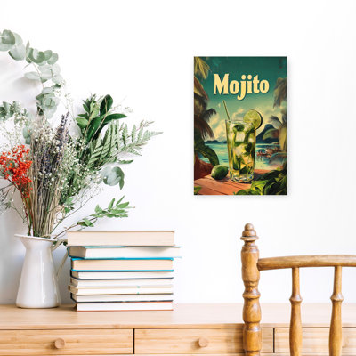 «Mojito Island Escape Retro Vintage Abstract Palm Tree Beach Ocean», art mural