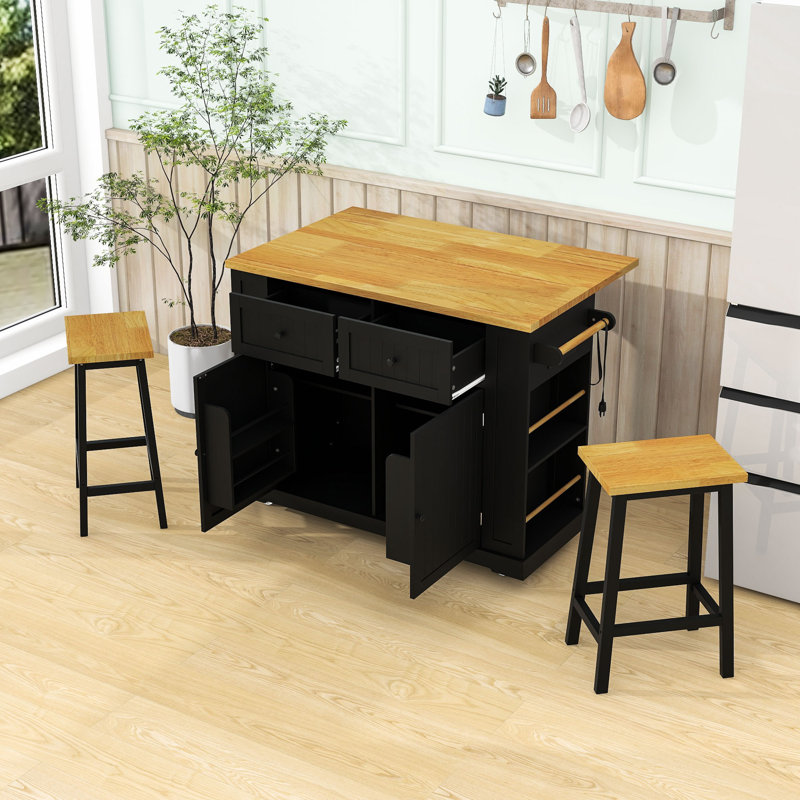 48inch Kitchen Island with 2 Bar Stools, Storage Rack and Drawers, Black