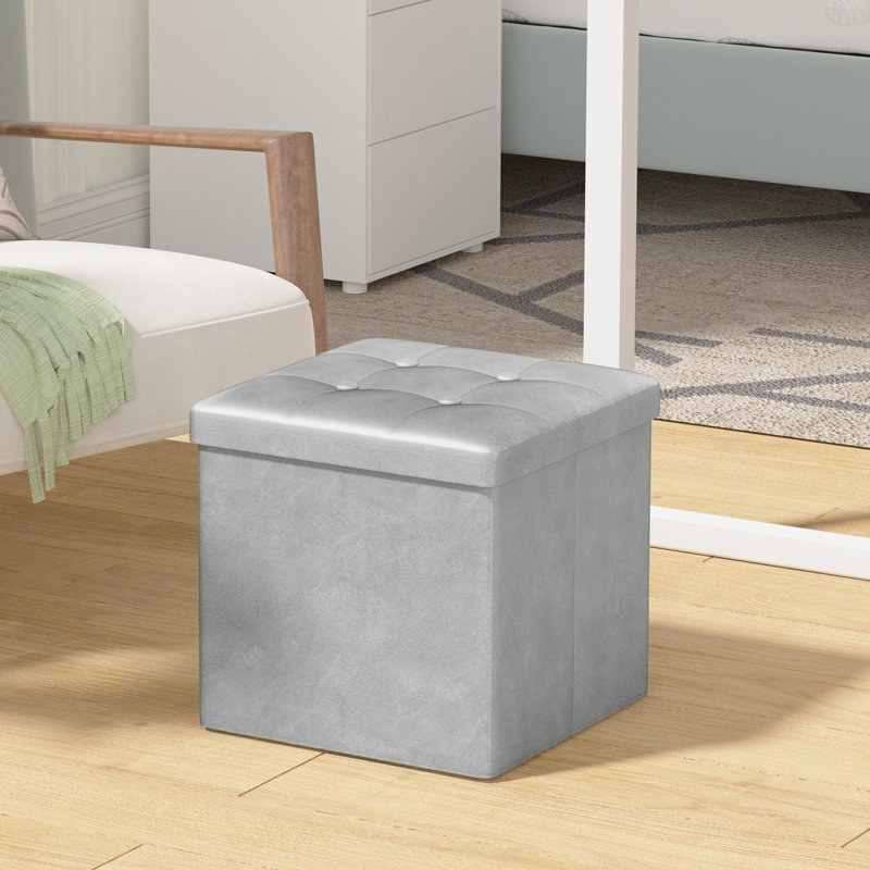 Tufted Square No Pattern Footstool Ottoman with Storage, Velvet, Light Grey