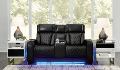 Black Leather Power Reclining Sectional with Cup Holder