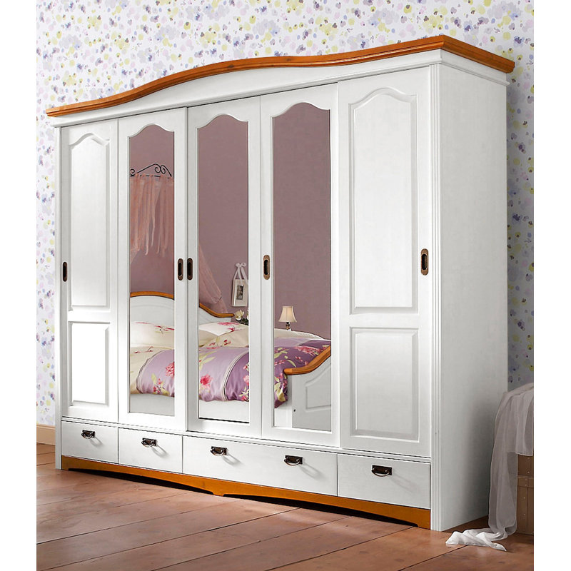 Caleta 5 Door Solid Wood Wardrobe, White/Cherry