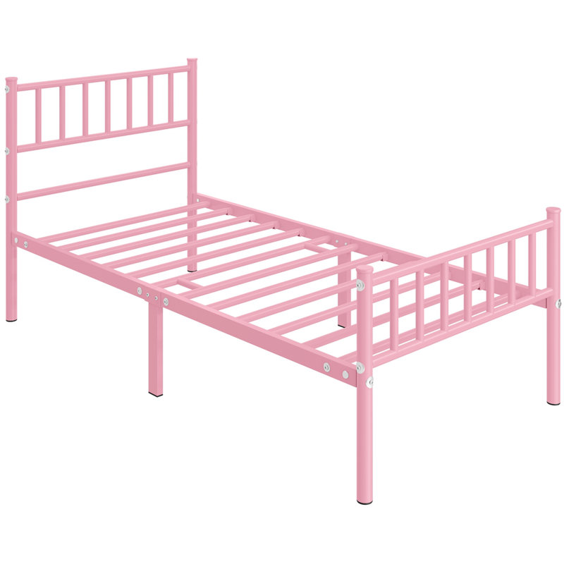 Minimalist Metal Bed Frame with Slatted Headboard, Single (3'), Pink