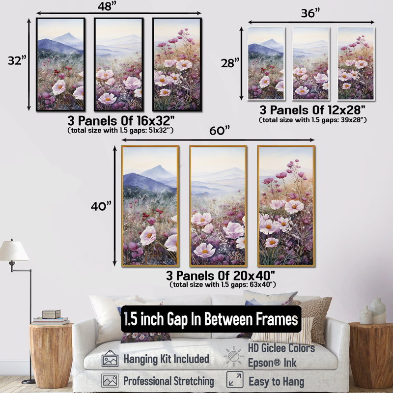«Pink Roses Field In Mountain I», ensemble d'art mural sur toile Roses, Cadre naturel flottant, H 28 po x l 36 po x P 1 po