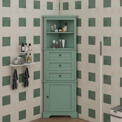 Armoire de coin triangulaire avec trois tiroirs et tablettes réglables