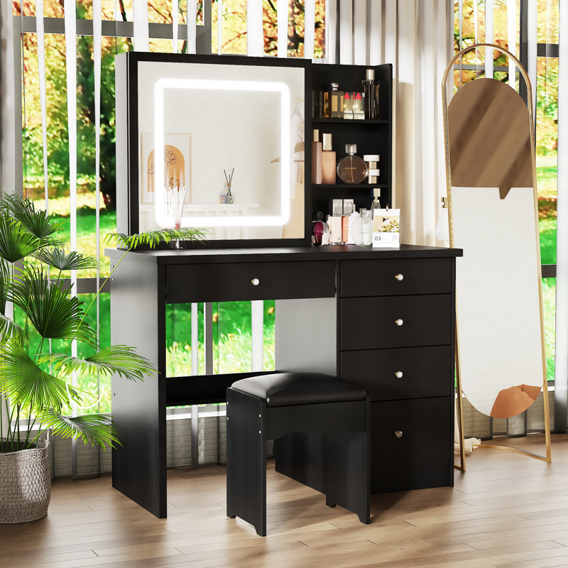 Ensemble de coiffeuse avec tabouret et miroir à DEL de 39,4 po de large Carmack