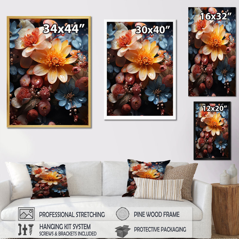 «Pink Blue Wilflowers Dream IV» sur toile, H 44 po x l 34 po x P 1,5 po, Encadrement doré