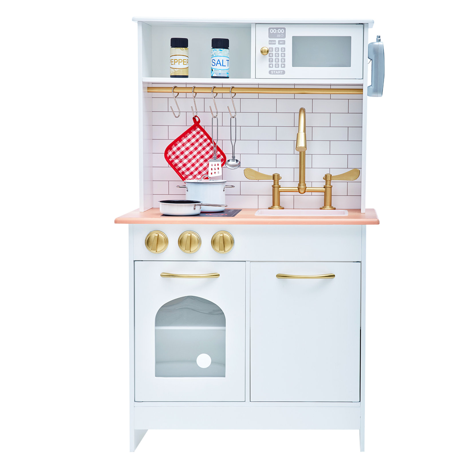 Teamson Kids Little Chef Boston Wooden Pretend Play Kitchen Set with Oven, Microwave and Acessory Set, White