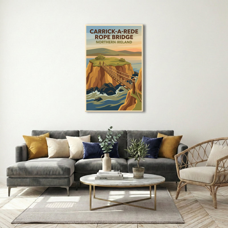 Carrick-a-Rede Rope Bridge, Northern Ireland - Romantic Travel Poster Of Atlantic Cliffs And Sea. Giclee Print On Wrapped Canvas. Wall Art, Home Decor - Coastal & Maritime, Northern Ireland - Wrapped Canvas Print
