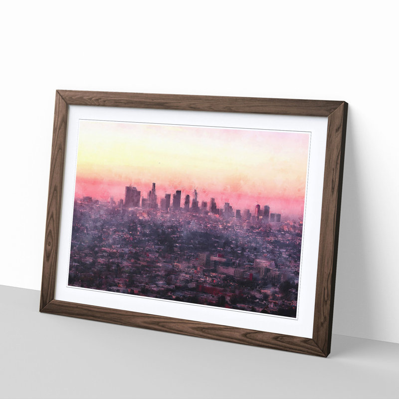 'Los Angeles Skyline in the Morning' - Picture Frame Graphic Art Print, 45cm H x 63cm W x 2cm D, Walnut Framed