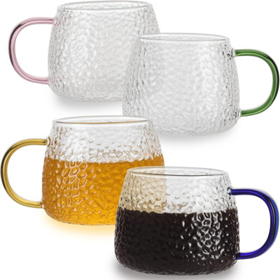 Glass Tea Cups with Colourful Handle Set of 4, Clear Borosilicate Glass Teacups with Hammer Pattern