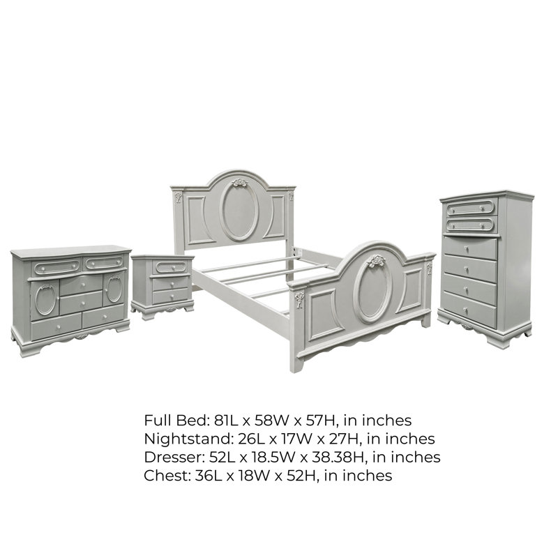 Ensemble de chambre à coucher complète 4 pièces, gris et argent, comprenant lit double, table de chevet, commode et commode