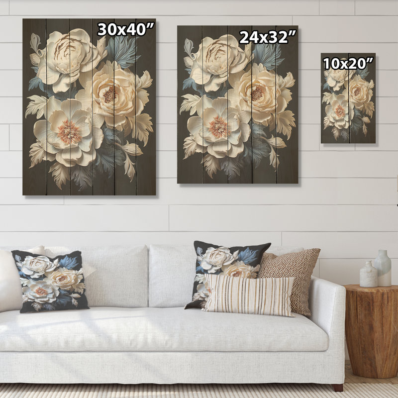Beige Whispers Of Pivoines I - art de pivoines sur bois de pin naturel, H 40 po x l 30 po