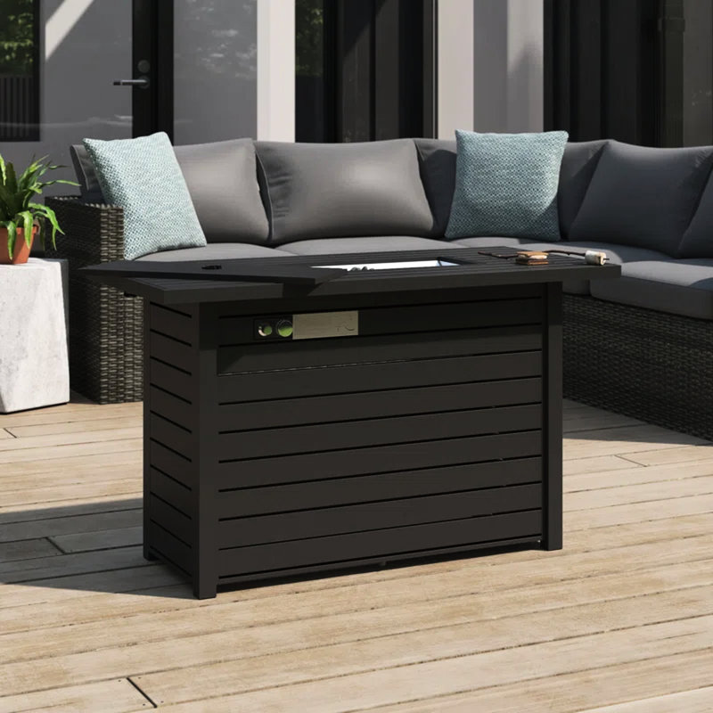 25" H X 42" W Outdoor Fire Pit Table With Lid, Steel, Black, Modern, Adjustable Flame, Stainless Steel Licenced Quantity
