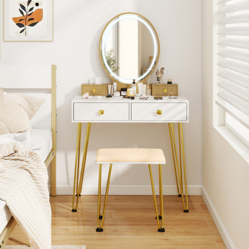 Vanity Desk with Mirror and Lights for Bedroom, White/Gold